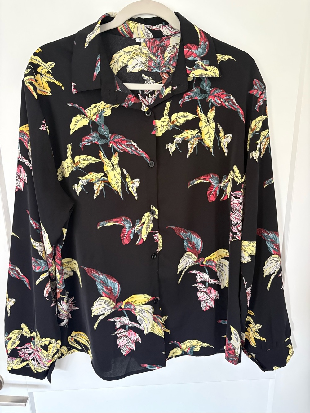 Black Floral Button-Front Blouse with Yellow & Red Leaf Print